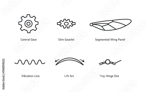Line vector icons of gears operating by dragonfly wing principle (biomimetic motion): central gear, slim gearlet, segmented wing