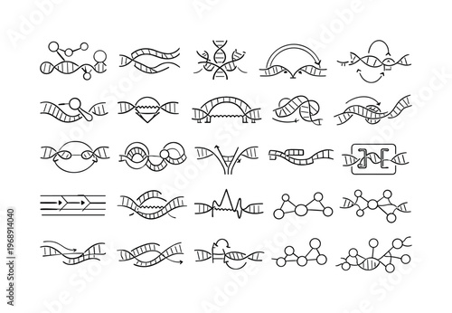 Line vector icons of molecular data flow in DNA containers: hybridization hubs, strand displacement waves, structural logic steps