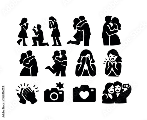 Solid vector icons of marriage proposal moment: couple, hug, kiss, embrace, smile, surprise, emotion, tear, applause, flash,
