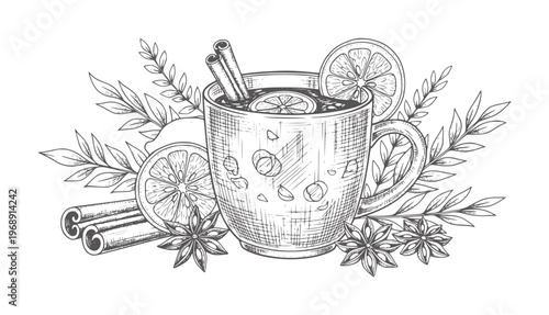 Hand drawn mulled wine in mug with orange slices cinnamon sticks and star anise