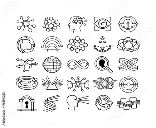 Line vector icons of a self-believing synthetic mind: autonomous cognition hubs, reality-assumption nodes, introspection arcs,