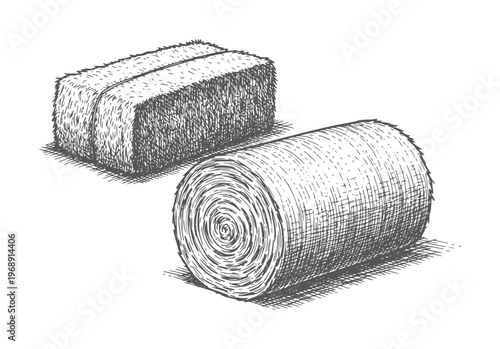Two hay bales one rectangular and one round in a style straw