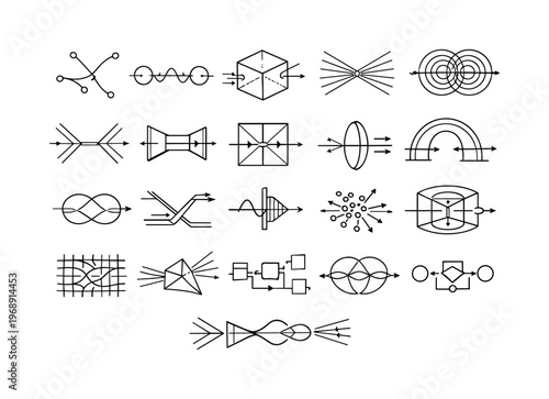 Line vector icons of photonic gate components: wavelength-split nodes, phase-shift selectors, refractive logic cubes, guided