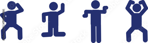 Simple blue stick figures in various poses illustrating human actions and reactions