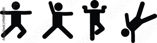 Simple black stick figures illustrating various human movements, exercises, and active poses