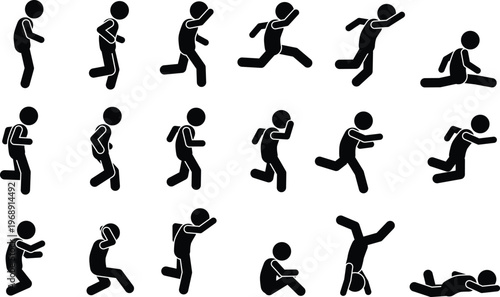 Diverse set of stick figure pictograms showing dynamic movements and various human actions