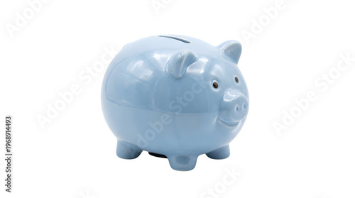 Blue ceramic piggy bank with slot on top for saving money isolated on white background symbolizing financial planning and security