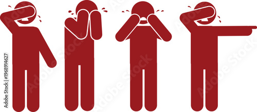 Red stick figures illustrating various poses of distress, sadness, and emotional pain.