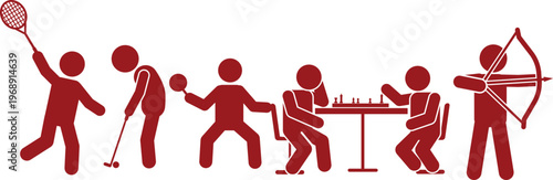 Pictograms illustrating diverse sports activities including badminton, golf, table tennis, chess, and archery.