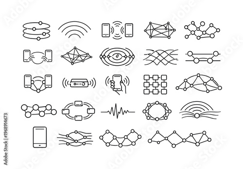 Line style icons of autonomous phone mesh: independent node band, network-free signal arc, phone-to-phone ring, cross-mesh
