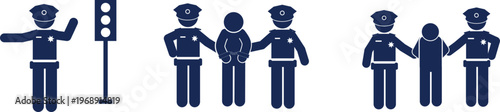 Police officer directing traffic and officers escorting arrested suspects pictogram vector set.