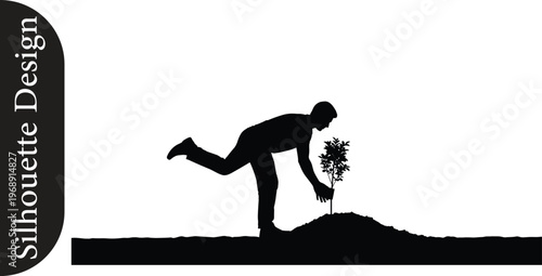 Silhouette of a person diligently planting a young tree sapling into the earth, symbolizing growth, new beginnings, and dedicated environmental care for a sustainable future