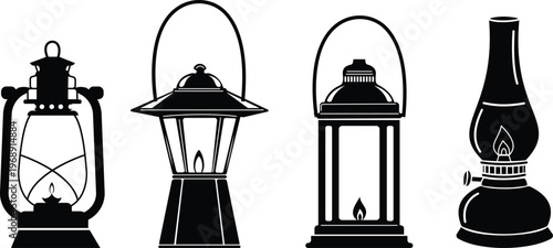 Vintage lantern lamp icon set collection group, oil lamp, hurricane lantern, kerosene light, antique lighting vector in black flat and line style, classic illumination symbols pack