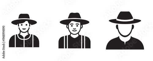Farmer Character Vector Set Agriculture Worker Avatars with Hat Line Art and Solid Icons