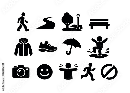 Solid vector icons of March outdoor moments: walk, path, park, bench, jacket, sneaker, umbrella, puddlejump, camera, smile,