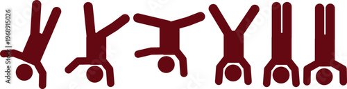 Collection of minimalist red stick figures demonstrating various handstand and upside-down poses.