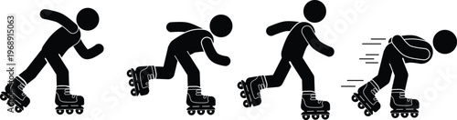 Black stick figures demonstrating different stages of inline skating action and speed