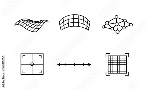 Line style icons of augmented placement grids: surface contour stripe, projected grid arc, drill-node bead, alignment marker tile