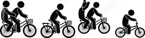 Collection of stick figures riding bicycles illustrating different activities and passenger arrangements.