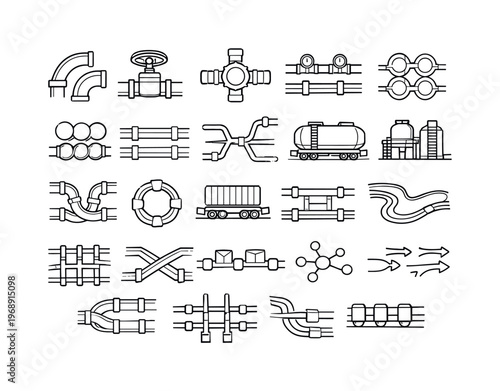 Line vector icons of large-scale pipeline transport: flow arcs, valve tiles, connector nodes, pressure rails, routing pads, cargo