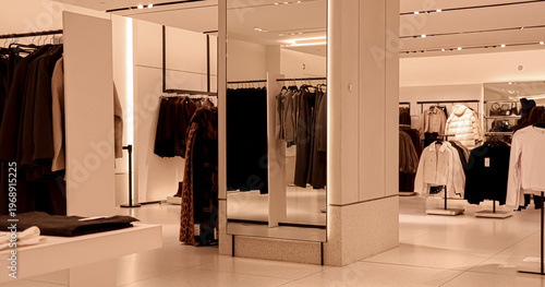 Modern clothing store interior showcasing fashion apparel, retail display, shopping experience, and boutique style