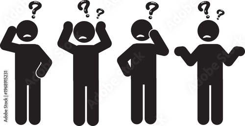 Black stick figures representing people facing problems, dilemmas, confusion, and seeking solutions or answers.