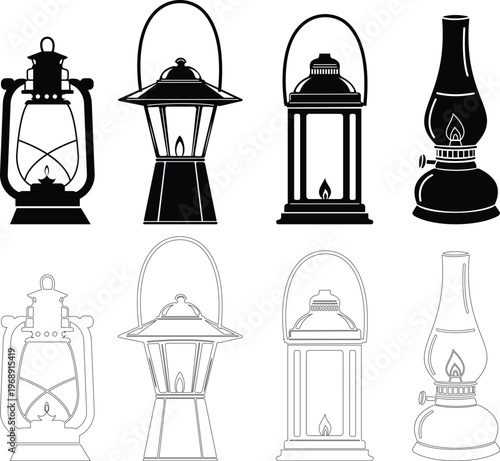 Vintage lantern lamp icon set collection group, oil lamp, hurricane lantern, kerosene light, antique lighting vector in black flat and line style, classic illumination symbols pack