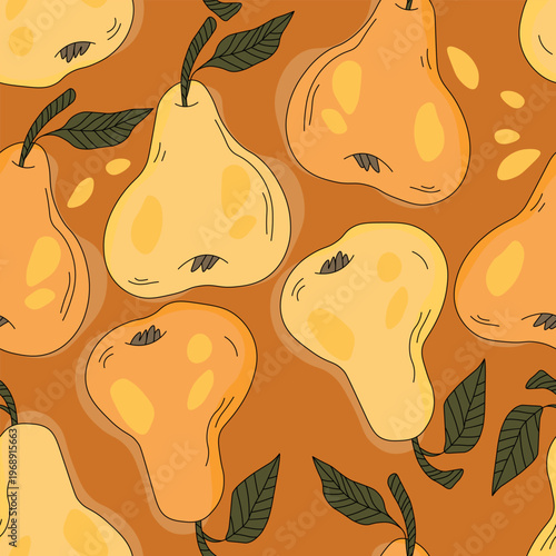Seamless pattern with pear on color background. Natural delicious fresh ripe tasty fruit. Sweet pears with leaves. Food concept. Vector illustration for print, fabric, textile.
