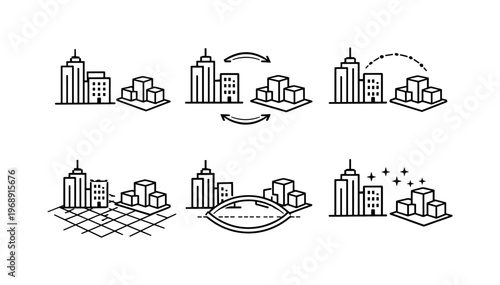 Line vector icons of a city where every building has its digital twin (twin-urban layout): building outline, twin model block,