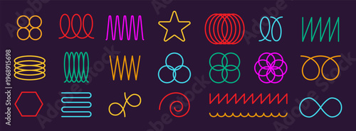 Neon spring coil shapes set. Curve line collection. Zigzag wave lines. Abstract flexible coil, loop line, thin spiral. Modern design element. Vector illustration isolated on dark background.