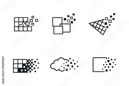 Line vector icons of pixel artifact dissolution (deconstructing pixel clusters): breaking micro-grid, dispersing tile trio,