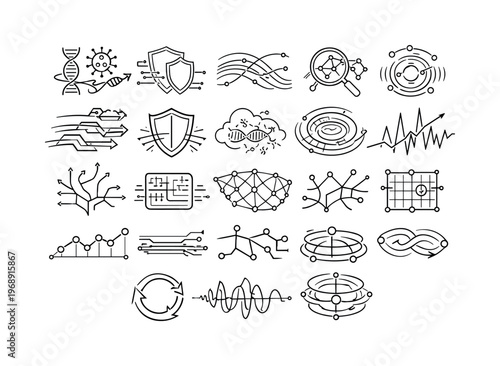Line vector icons of cyber-ecosystem evolutionary conflict: shifting virus genomes, adaptive antivirus layers, digital spread