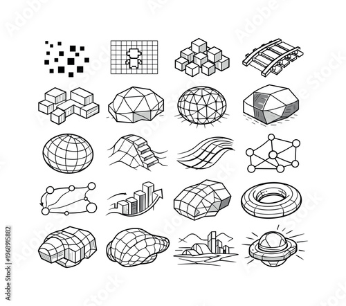 Collection of abstract geometric shapes and diagrams in a clean line art style