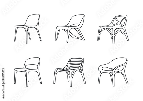 Collection of modern designer chairs in a minimalist line art style