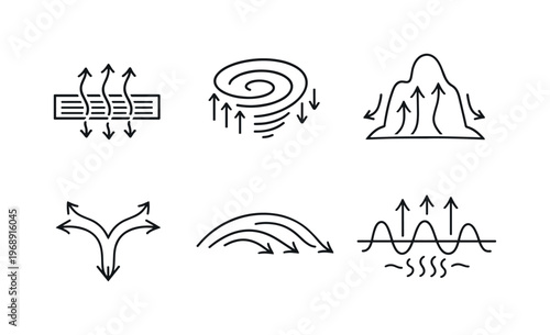 Collection of hand-drawn icons representing different types of motion and flow