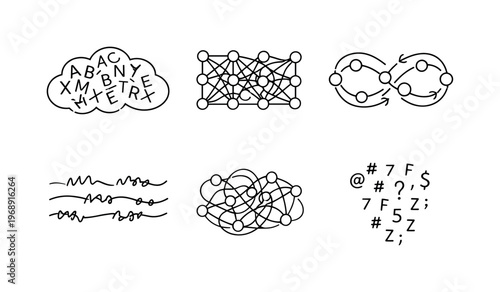 Line style vector icons of neural network textual collapse: jumbled-word cloud, overfitted-algorithm motif, looping-node outline,