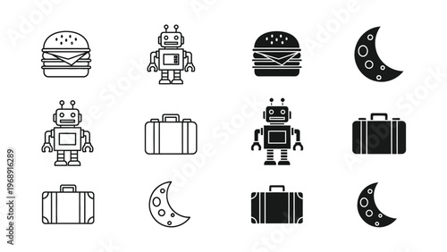Whimsical icons of robots, burgers, luggage, and crescent moons in a playful pattern