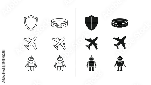 Contrast between monochrome and black-filled icons of security, travel, and robotics