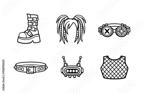 Line style vector icons of 2000s cybergoth subculture: platform-boot silhouette, neon-hair motif, cyber-goggles icon,
