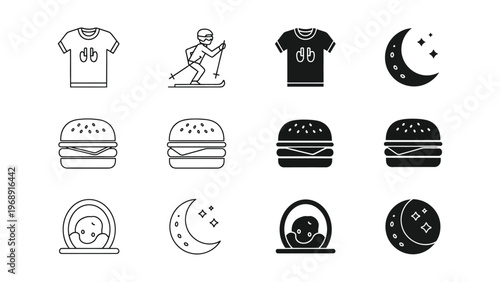 Whimsical icons of daily life, sports, food, and nighttime relaxation