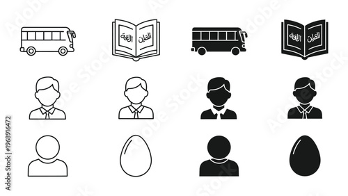 Illustrations of school transportation, study, and gender representations with eggs