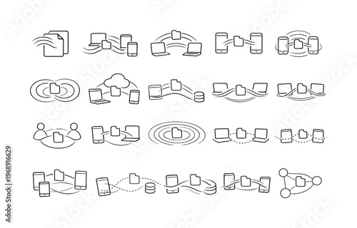 Line style icons of soft file relay across devices: whisper-mode file tile, subtle wave contour, floating packet arc, gentle hop
