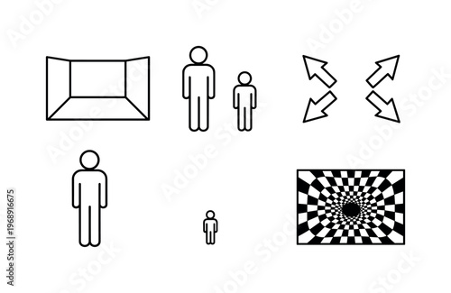 Line style vector icons of forced perspective illusion: angled-room outline, human-figure motif, perspective-change arrows,