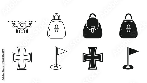 Contrasting icons of drones, handbags, flags, and military symbols in black and white