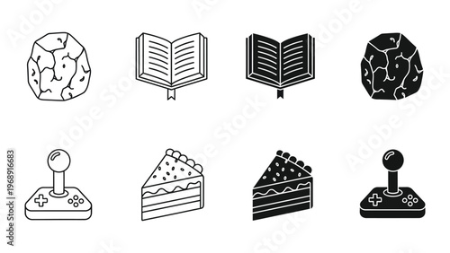 Contrasting icons of gaming, literature, and indulgence in minimalist design