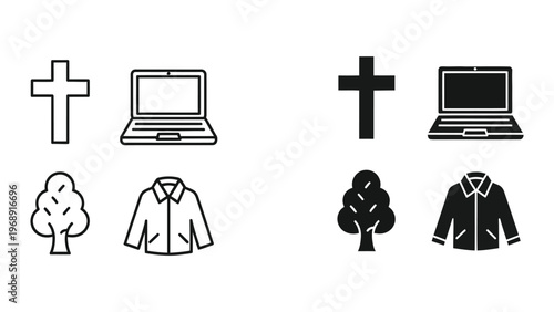 Contrast between light and dark icon sets featuring religious and everyday items