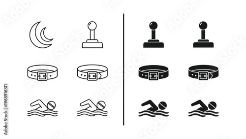 Contrast of icons depicting night, swimming, and other activities in light and dark versions