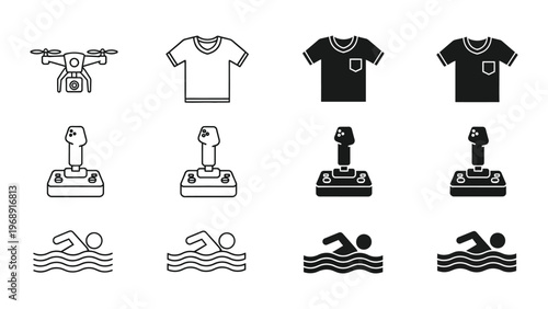 Iconic representations of drones, t-shirts, gaming controllers, and swimming