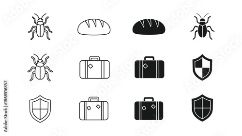 Mystical symbols combining insects, bread, luggage, and shields in a grid layout