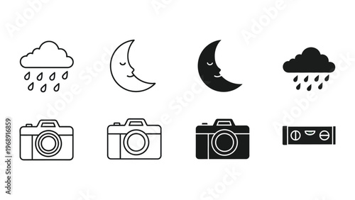Weather and camera icons paired in a minimalist black and white design layout